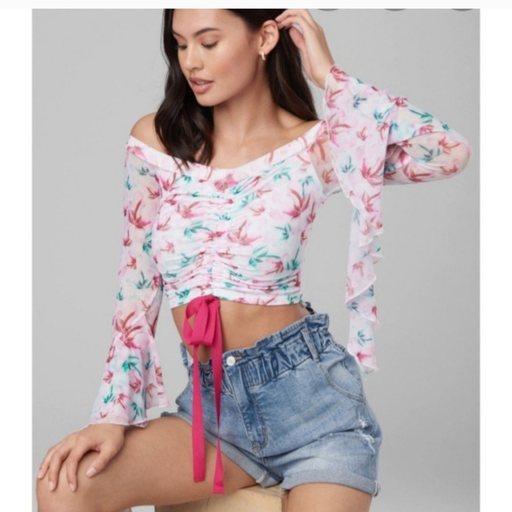 Bebe Olivia Ruffle Sleeves Top Blouse NWT